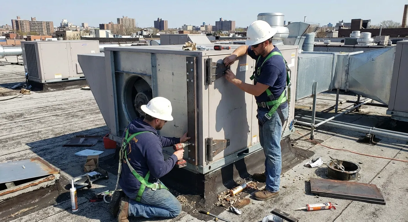 Exhaust fan hinge kit installation on Memphis commercial kitchen roof