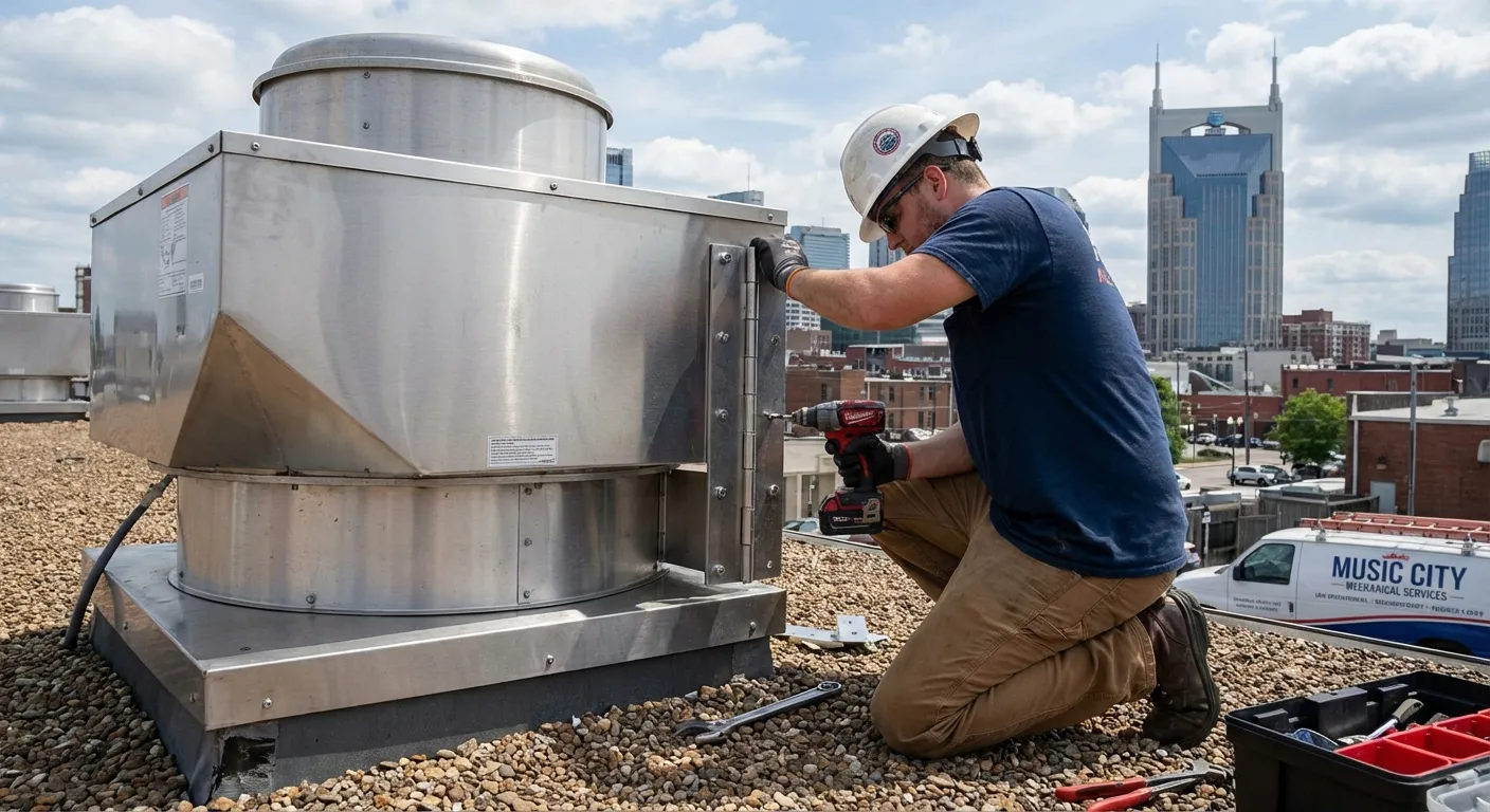 Memphis Hood Cleaning technician installing exhaust fan hinge kit