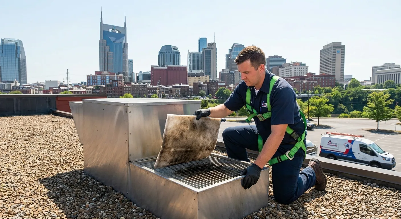 Memphis Hood Cleaning technician inspecting a rooftop grease containment system